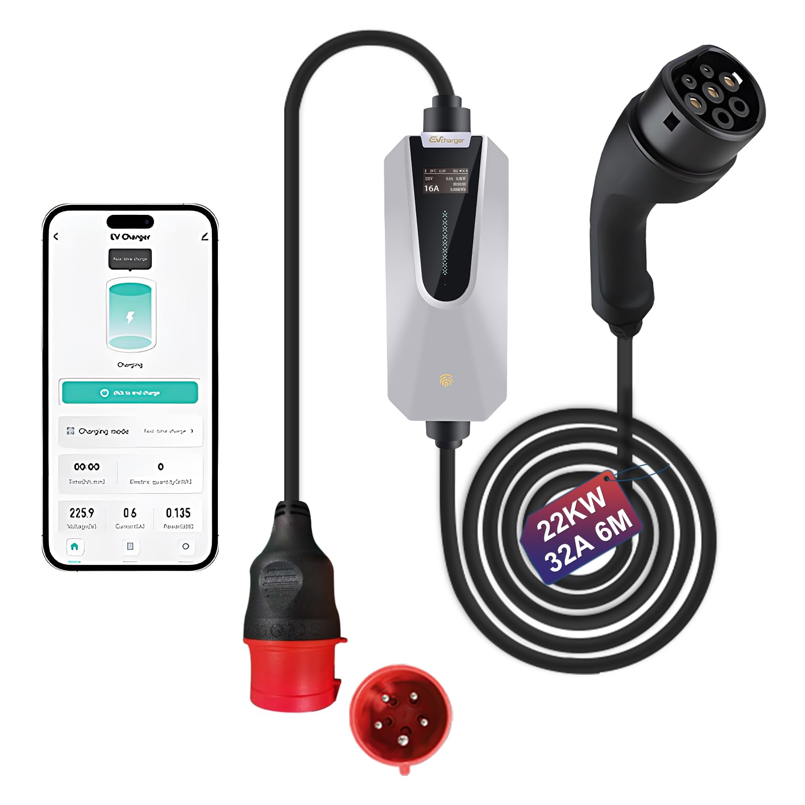 Junsun Typ 2 Ladekabel für EV Elektroauto, 22 kW, 32A, 3-Phasig, 6m Kabel, APP-gesteuert, IP65 wasserdicht, Schnell-Ladegerät für Elektrofahrzeuge