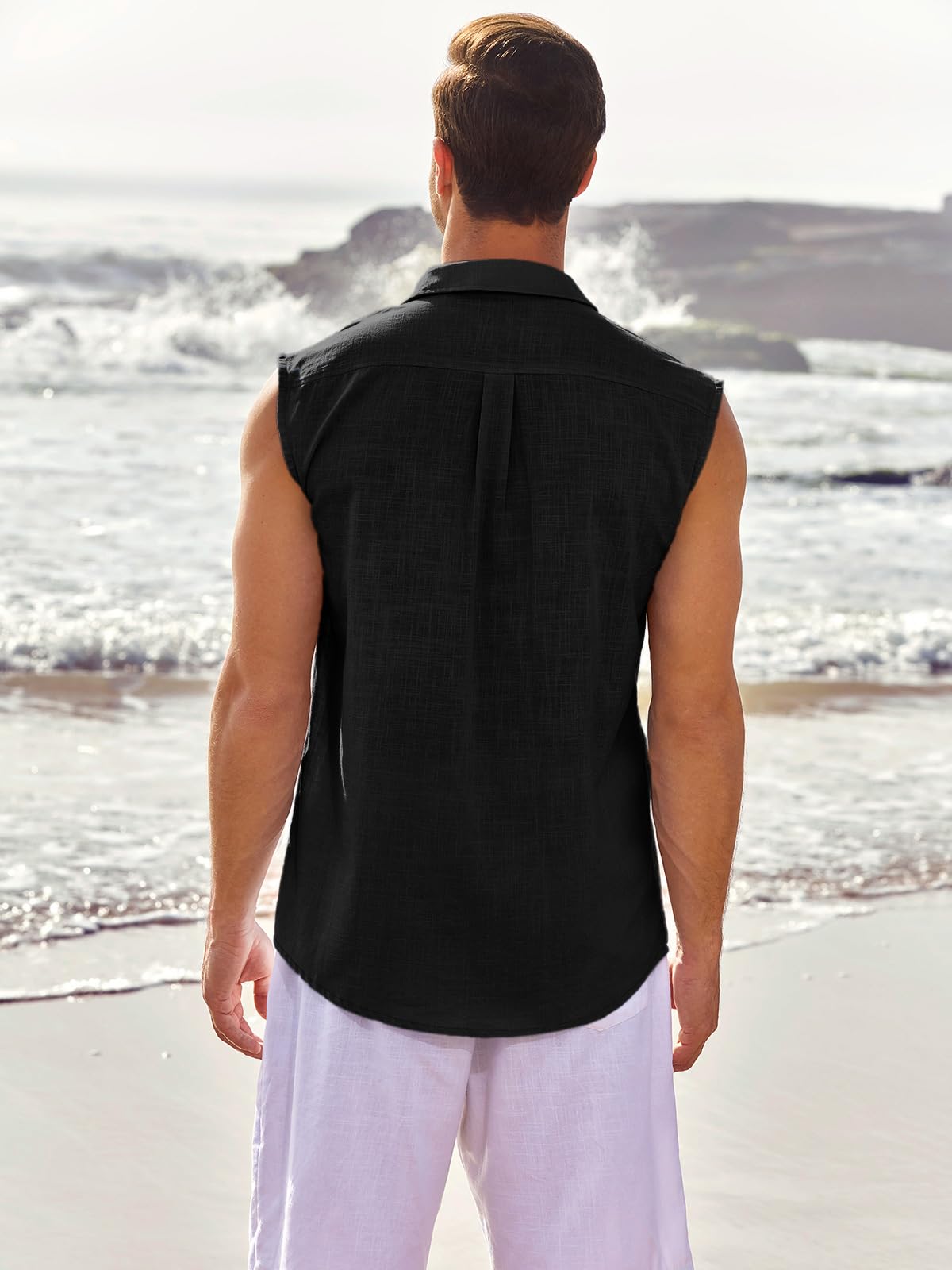 Runcati Chemise en lin sans manches pour homme avec col retourné, pour la plage, l'été, les loisirs, avec poche
