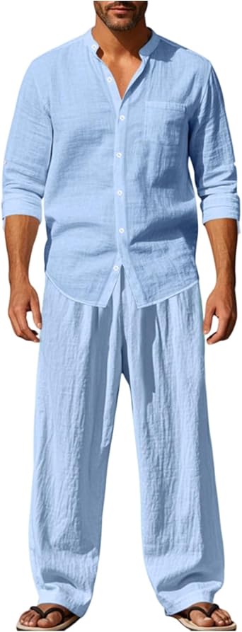 Mens 2 Piece Sets Summer Long Sleeve Button Down Henley Shirt Loose Long Pant Sets Beach Vacation Jogging Tracksuit