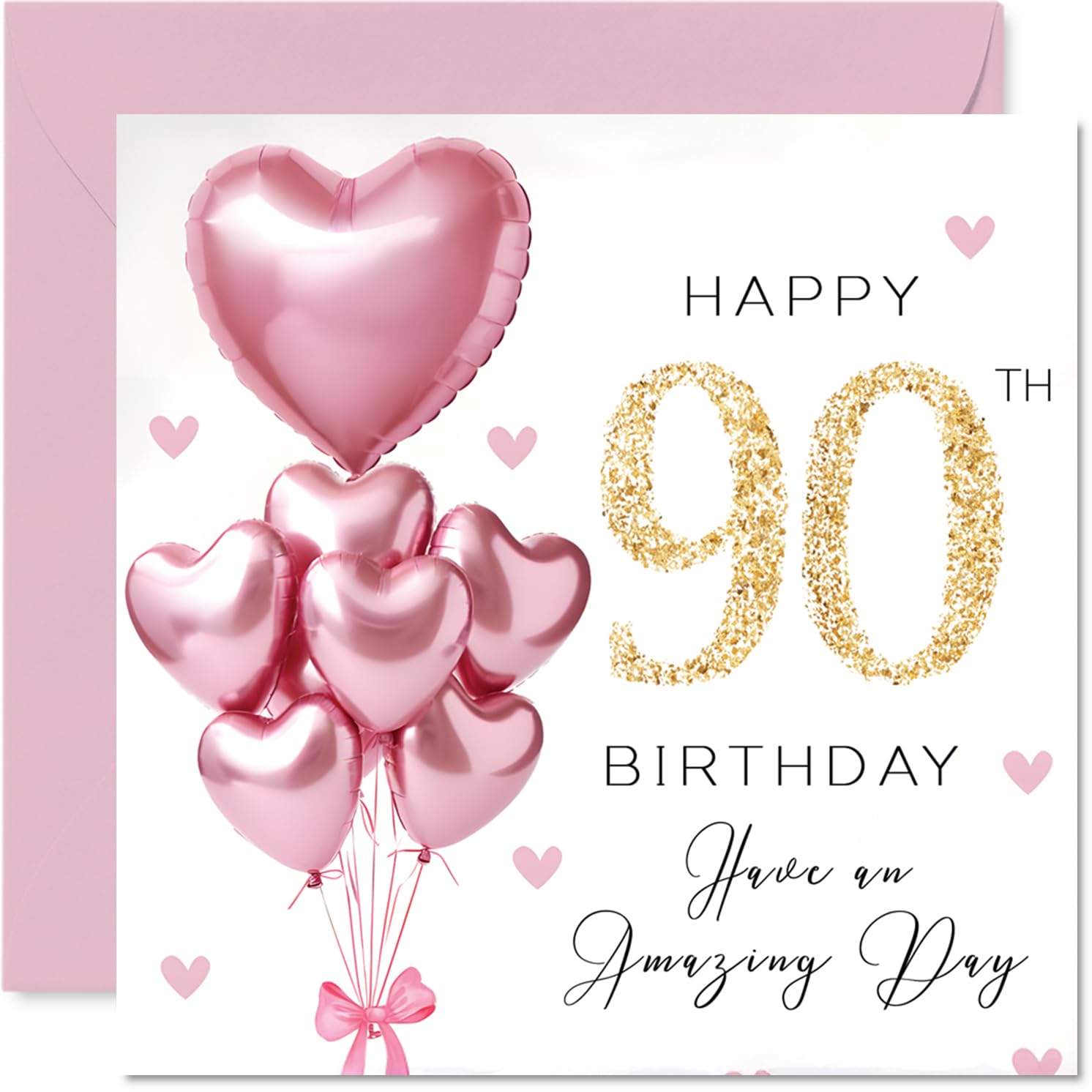 90th Birthday Cards for Women - Pink Glitter Balloons - Happy Birthday Card for 90 Year Old Woman Auntie Nana Nanny Wife, 145mm Bday Greeting Cards