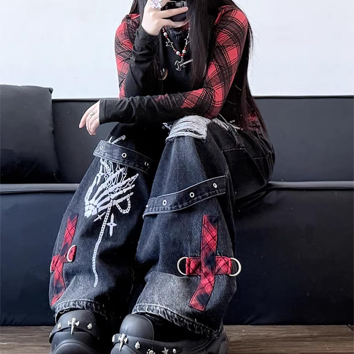 Harajuku Gothic High Waisted Straight Leg Jeans Y2K Vintage Lattice Fringe Ripped Embroidered Denim Pants - Image 5