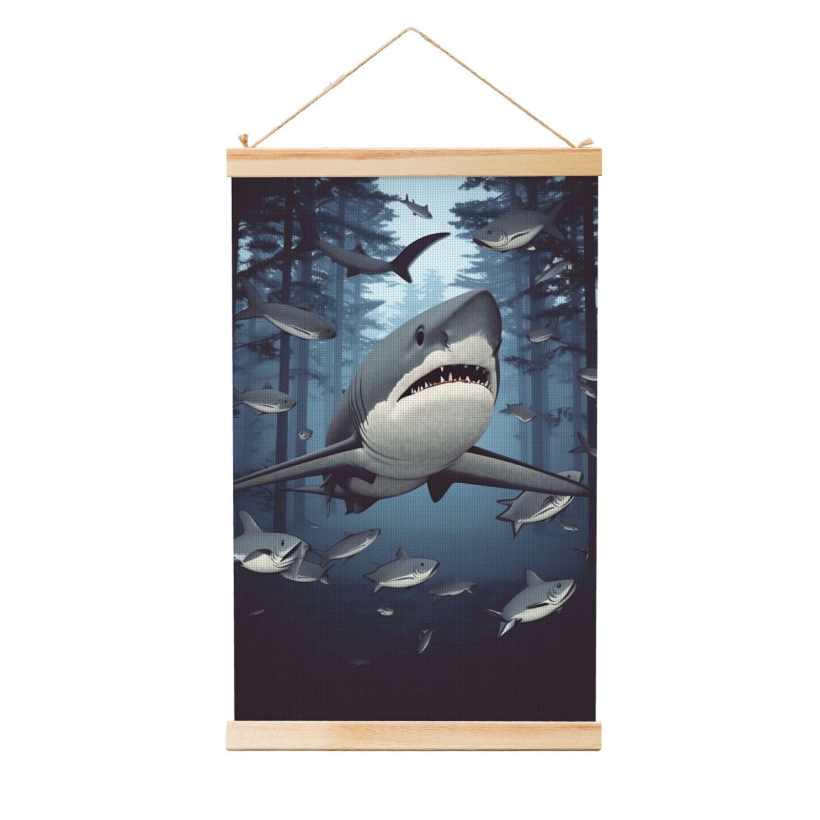 Funny Sharks Design Posters Wooden Shaft Hanging Poster Canvas Prints Scroll Wall Art Painting Vintage Wall Banner Modern Artwork Decor for Home Decor Ready to Hang 20"x30"