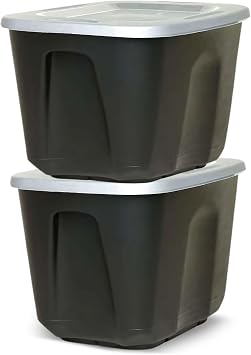 HOMZ 2-Pack Durable Molded Bin, Plastic Storage Containers w/Lids, 10 Gallon, Black/Silver - Stackable Organizer Totes and Boxes for Bedroom, Kitchen, and Garage Organization