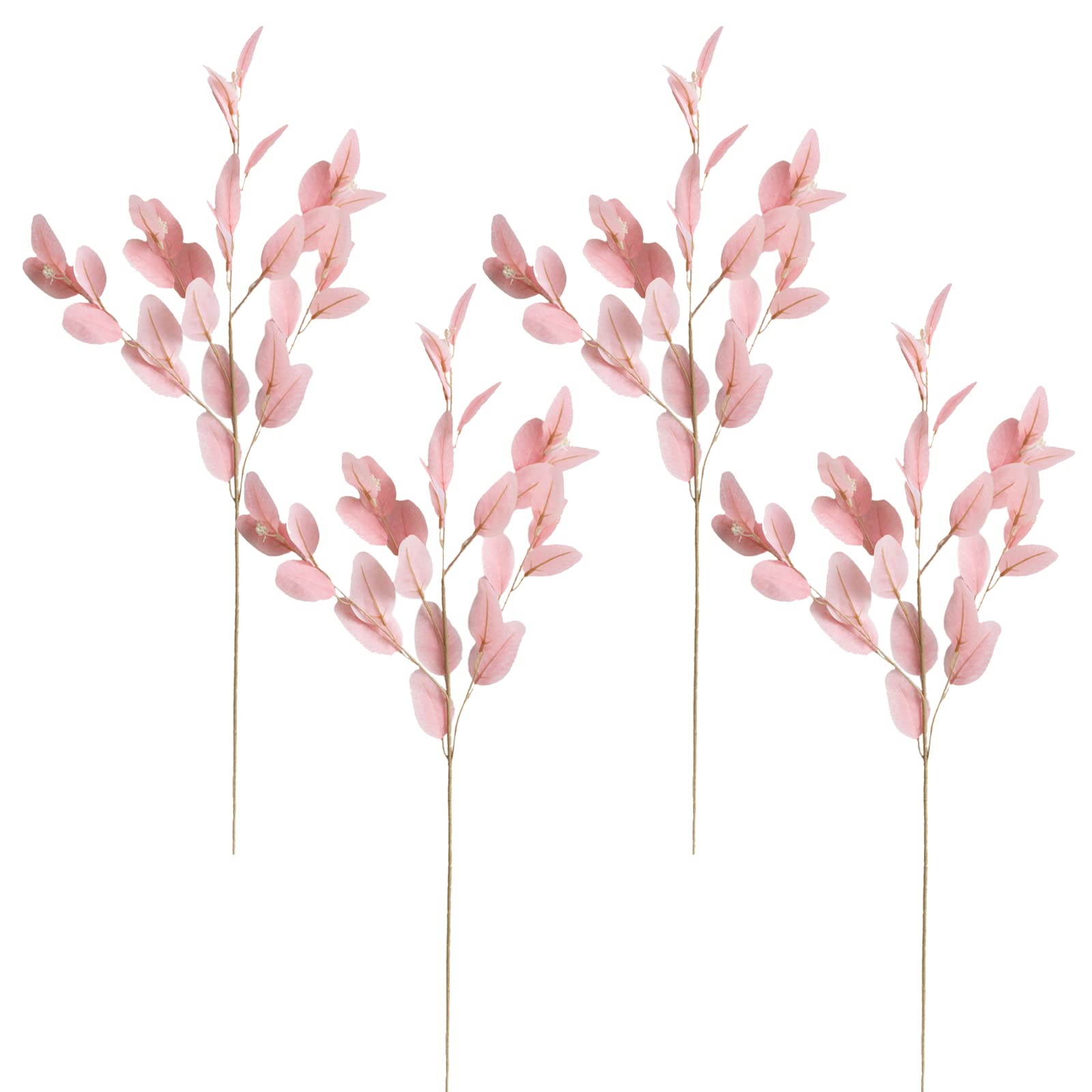 BEIJIALY 4PCS Fake Eucalyptus Leaves Branches,36.6Inchees Artificial Eucalyptus Stems,Artificial Leaves Fake Eucalyptus Leaves Plant Bouquet for Home Party Wedding Decoration,Pink