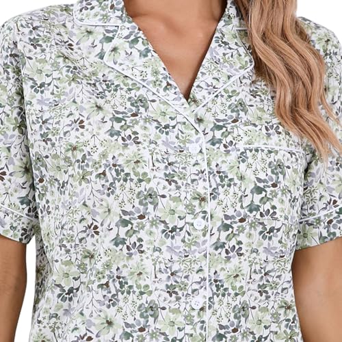Image of LUBOT 100% Cotton Pajamas for Women 2 Piece PJ Set Poplin Woven Lightweight Ladies Button Short Sleeve Sleepwear S-XXL