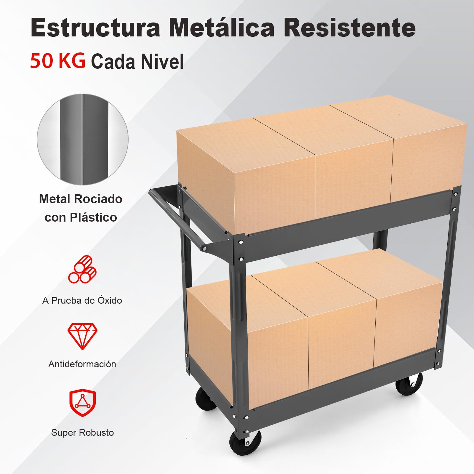 COSTWAY Carro Multiusos de 2 Pisos, Carro de Servicio de Doble Capa con Manija, Estructura de Metal Resistente, Soporte Máximo de 50 kg por Nivel, Carro Rodante de Herramientas para Casa (Negro)