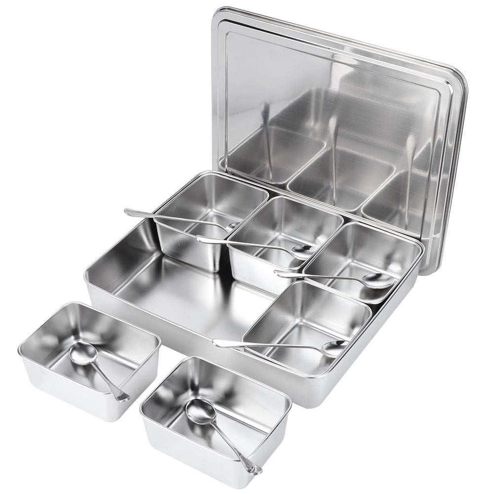 Juego De Contenedores De Condimentos Frascos De Condimentos Caja De Condimentos De Acero Inoxidable De 6 Rejillas Especias Organizadores De Almacenamiento De Azúcar Y Sal Con Cucharas