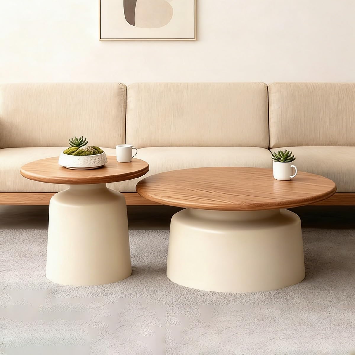 Moderna Redonda Mesa De Centro, Mesa Nido Juego De 2, Mesita Auxiliar con Tablero de Madera Maciza, Mesas Centro para Salón Dormitorio Oficina, Fácil De Montar