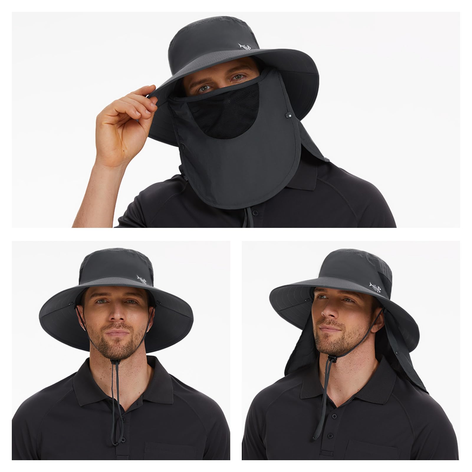 Bassdash Chapeau de Soleil Respirant UPF 50+ avec Couvre-Visage Amovible et Rabat de Cou Chapeau Unisexe à Large Bord résistant à l'eau pour la pêche la randonnée l'extérieur Les Hommes et Les Femmes