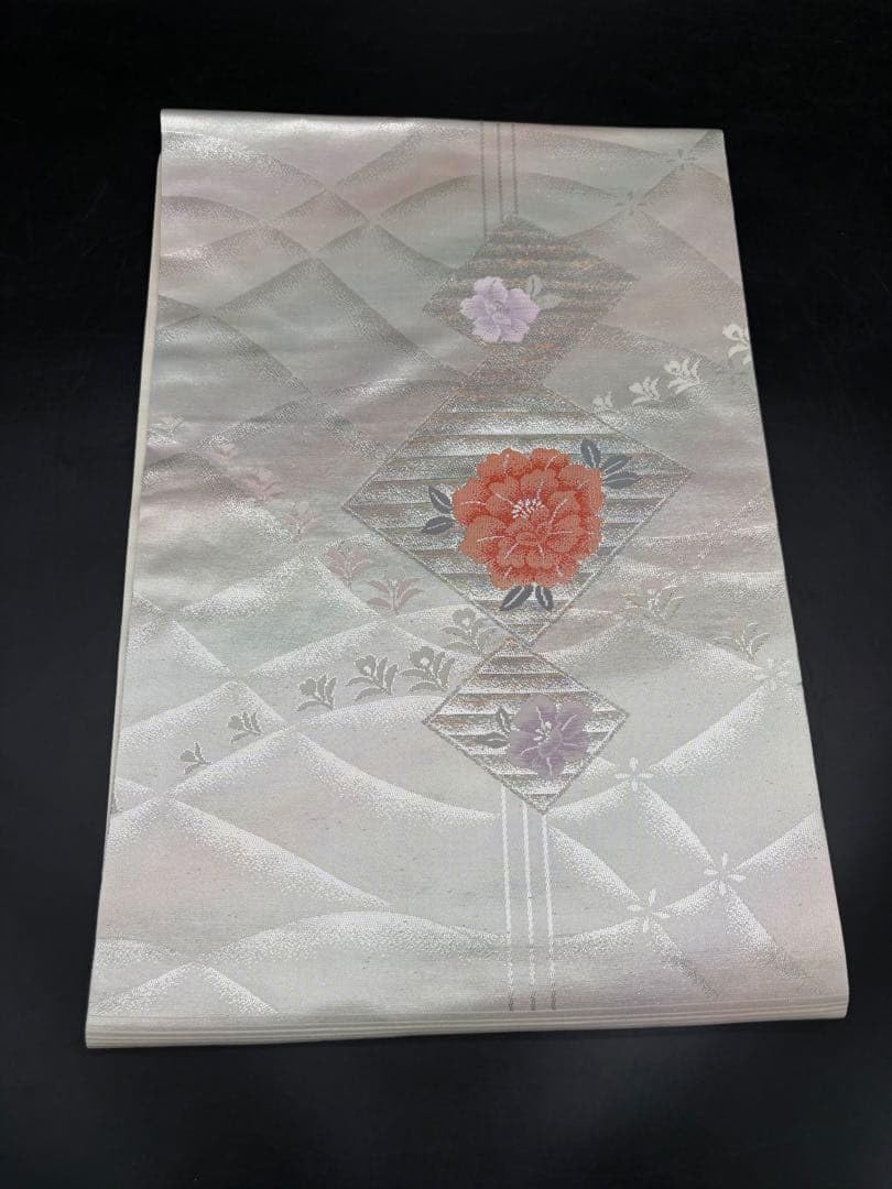 高級 正絹 洒落帯 名古屋帯 アンティーク 銀箔 花柄 231