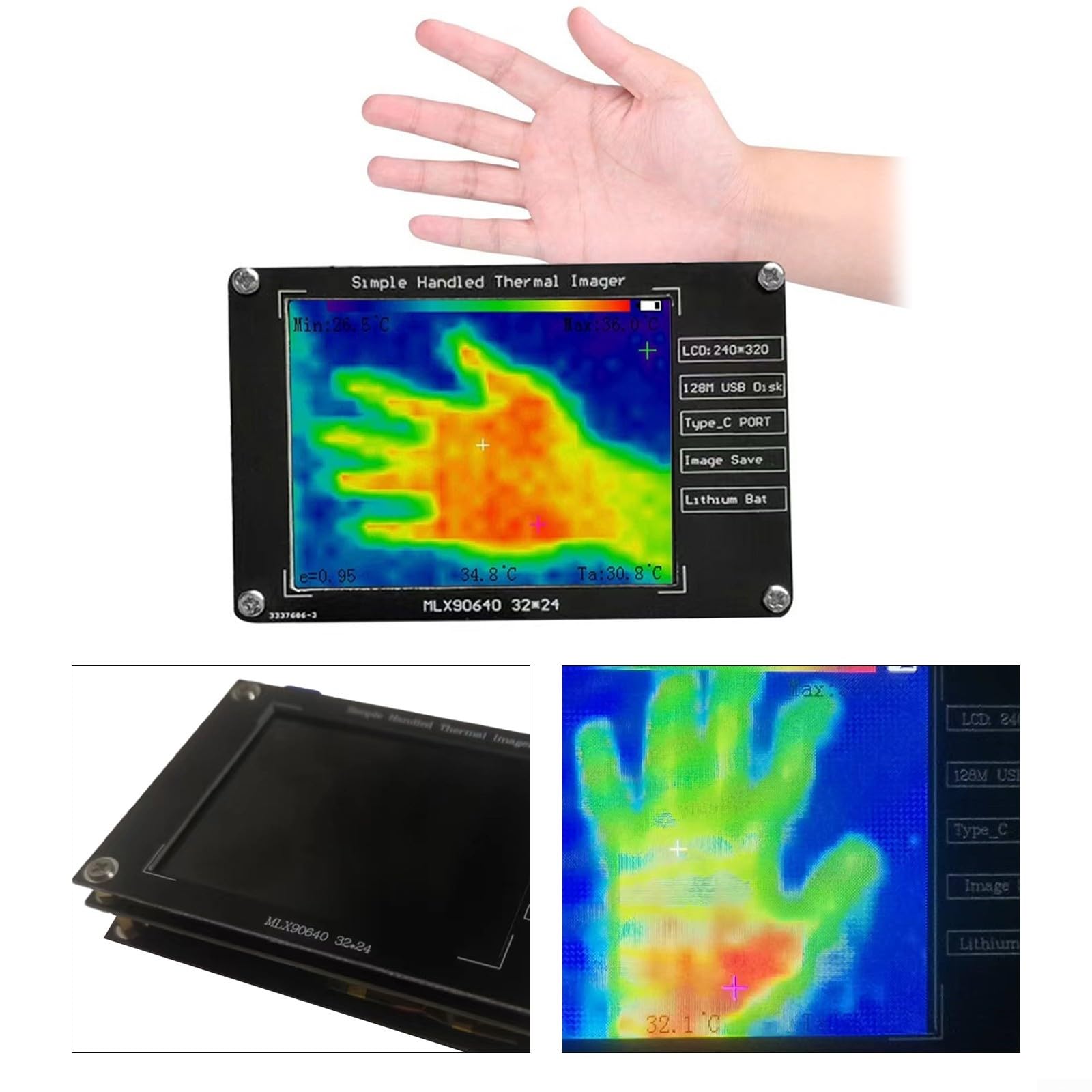 MLX90640 Cámara de imágenes térmicas de mano con resolución IR de 320 x 240 y pantalla TFT de 2.8 pulgadas para uso industrial y doméstico