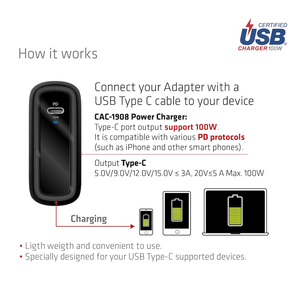 Club3D CAC-1908EU - Caricabatterie da viaggio, 100 Watt, tecnologia GAN, certificazione USB-IF, connettore singolo, USB Type-C, Power Delivery (PD) 3.0