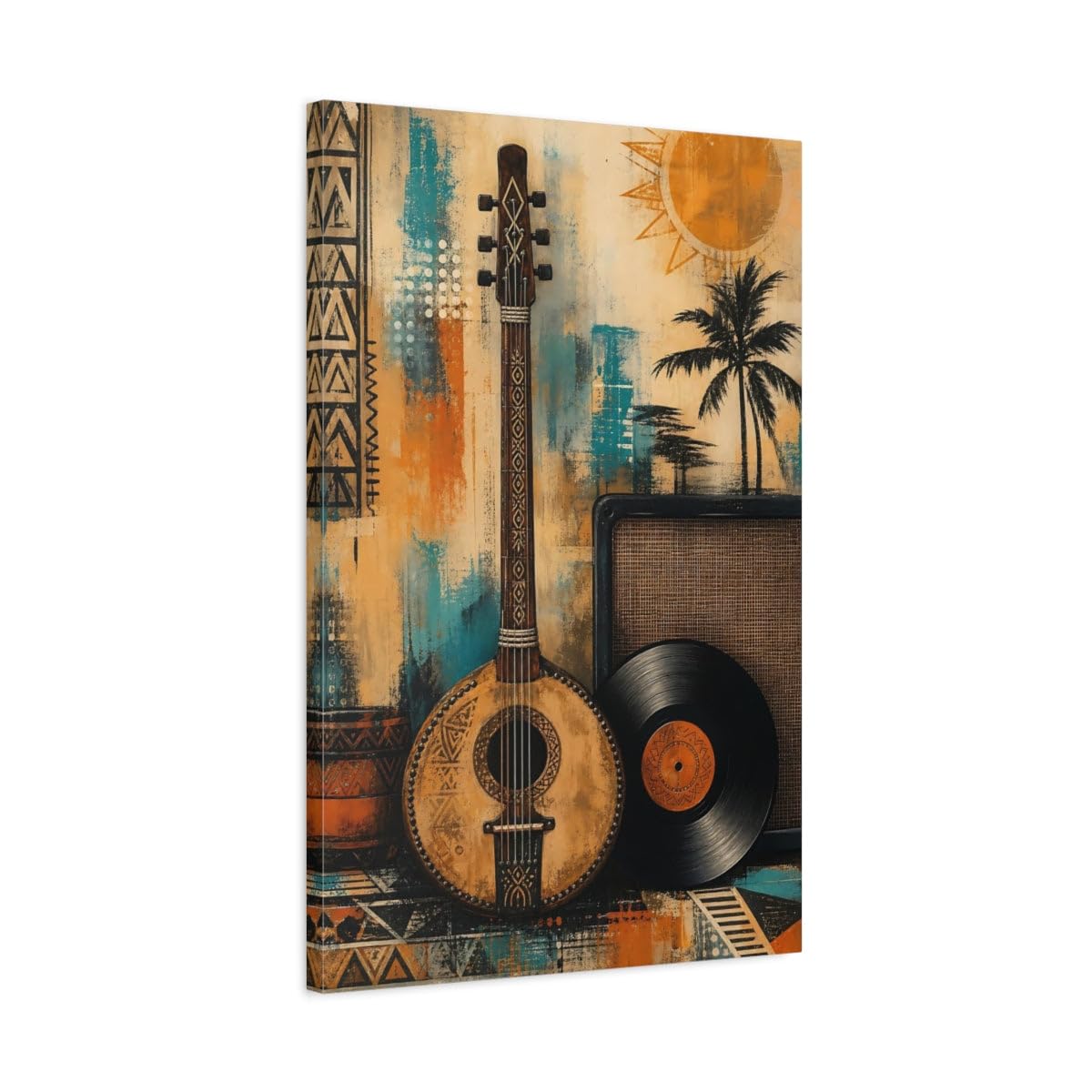 Retro Lute And Vinyl Canvas Print – Living Room, Above Console Table 20×30 inch (50×75 cm) - Vertical / 1.25 inch (3 cm)
