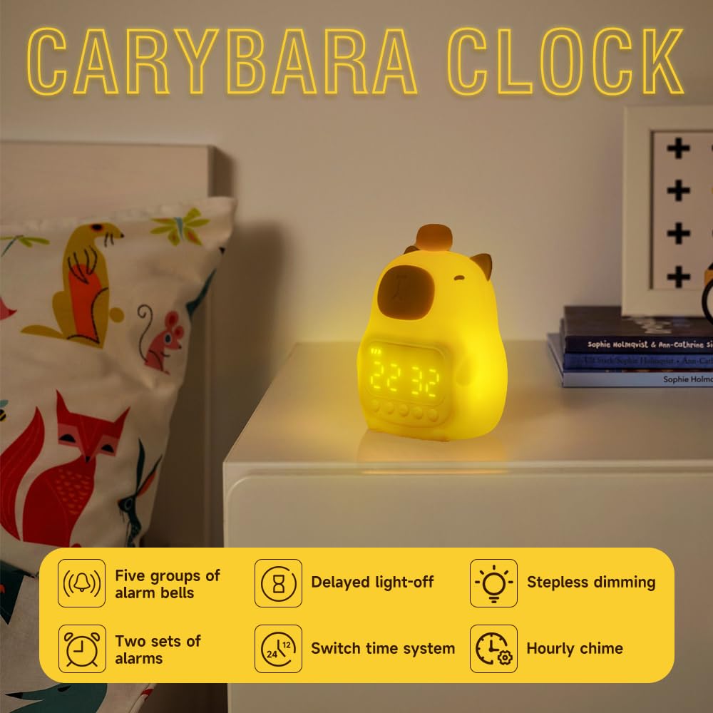 Reloj Despertador Capybara con Luz Nocturna,Lindo Despertador Infantil Capibara,Capybara Reloj,Lámpara Recargable de Silicona,Reloj Despertador Digital Recargable para Niñas y Niños