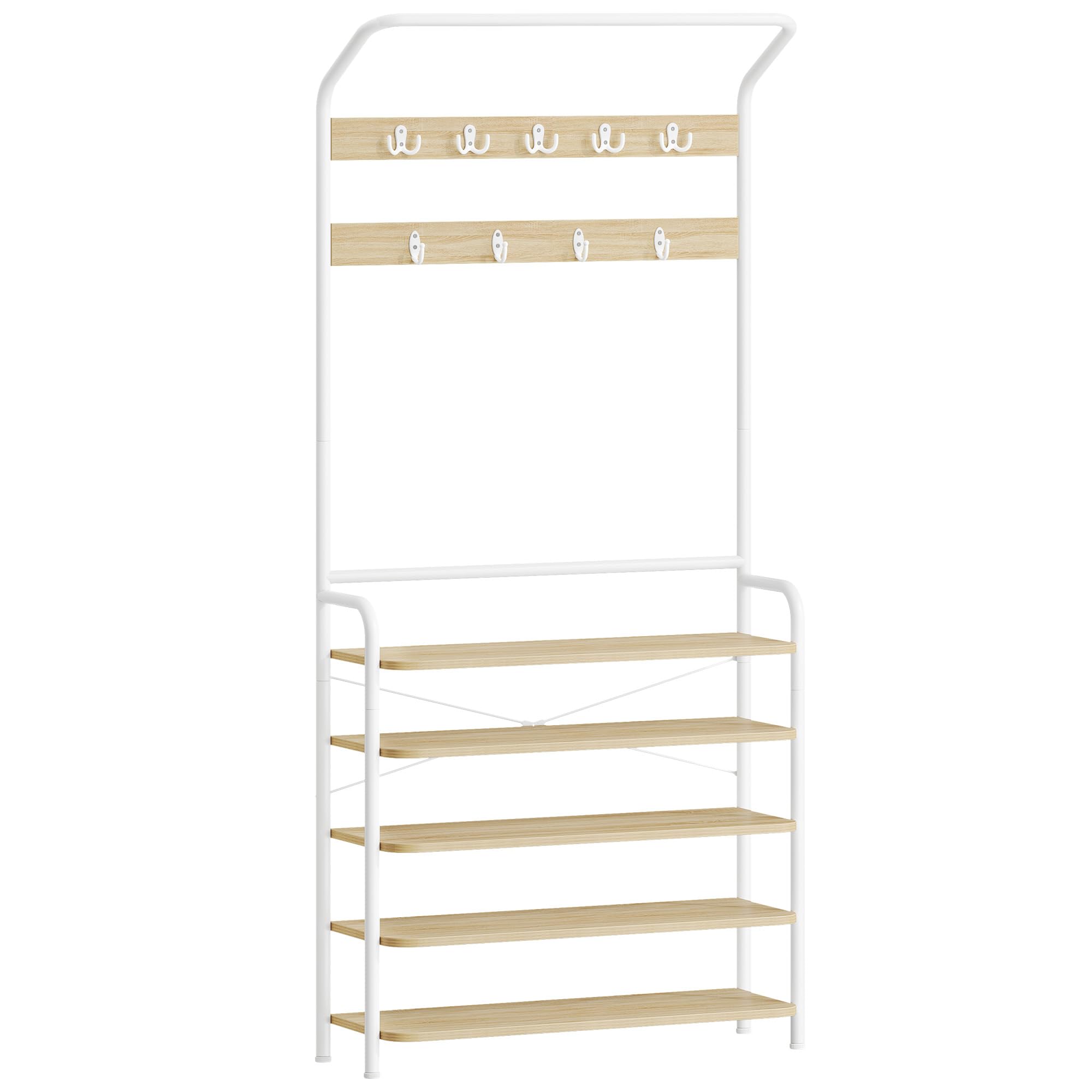 Hzuaneri Perchero Zapatero, Perchero con Banco de 5 Niveles, Roble y Blanco | Recibidor, 9 Ganchos, 1 Barra Superior, 24,5 x 78,5 x 195cm, para Entrada Pasillo, HT19016W