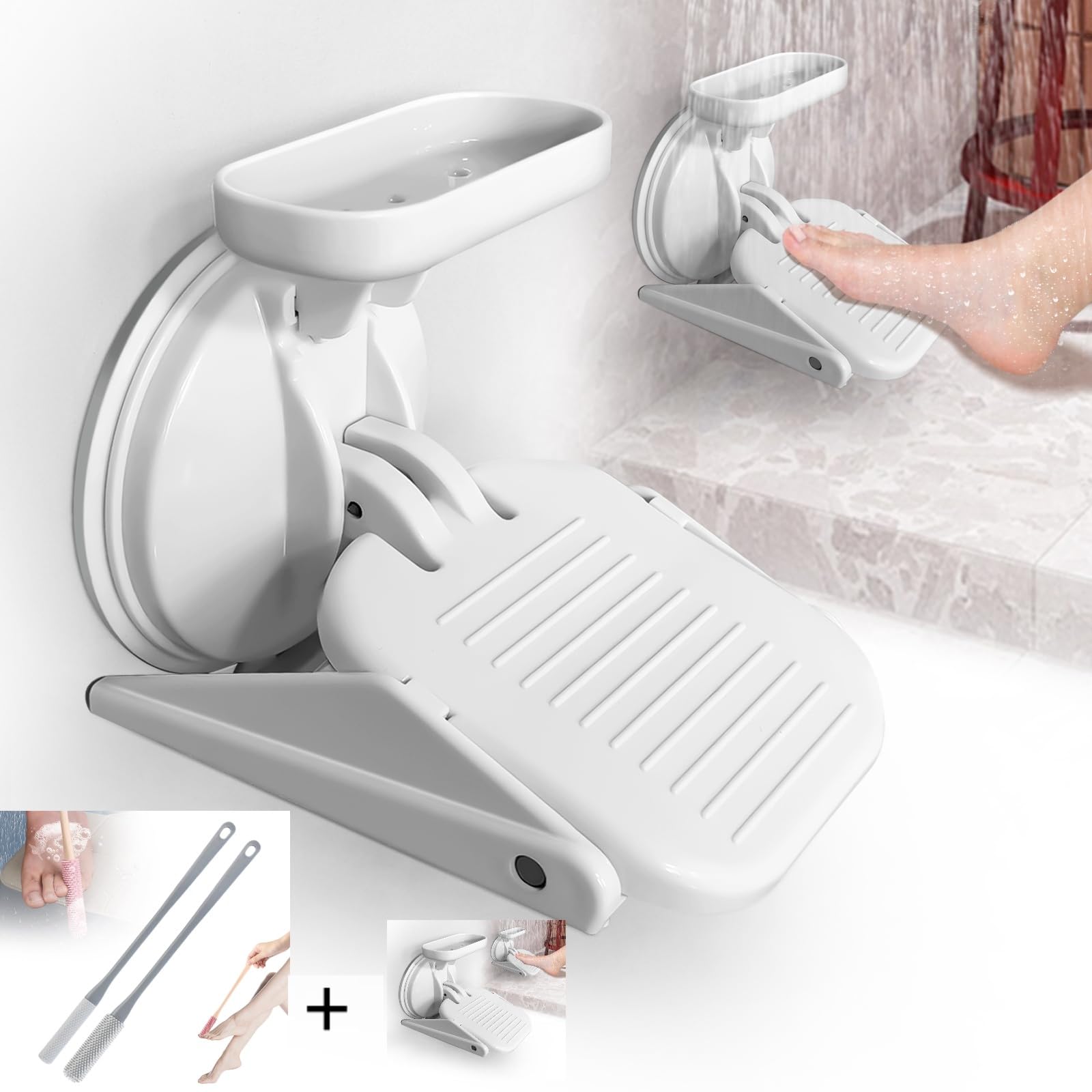 Shower Foot Rest Suction - Anti-Slip Bathroom Stool for Shaving Legs, Strong Suction Cup Footrest, Corner Design, Easy Install, Portable, Foot Care, Includes Bonus Toe Gap Cleaning Brush