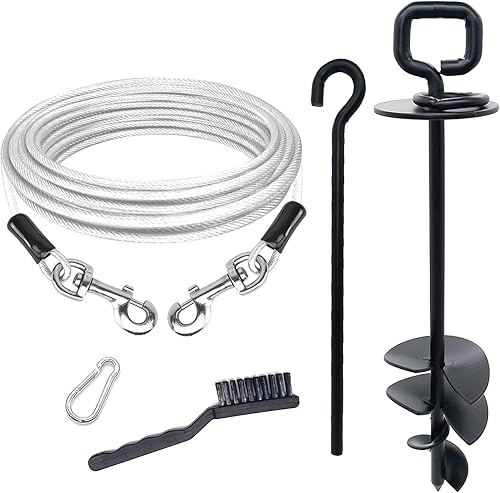 Cable de amarre para perro de 30 pies resistente para patio, playa, césped, exterior, con doble hoja en espiral, anclaje más fuerte para perros que