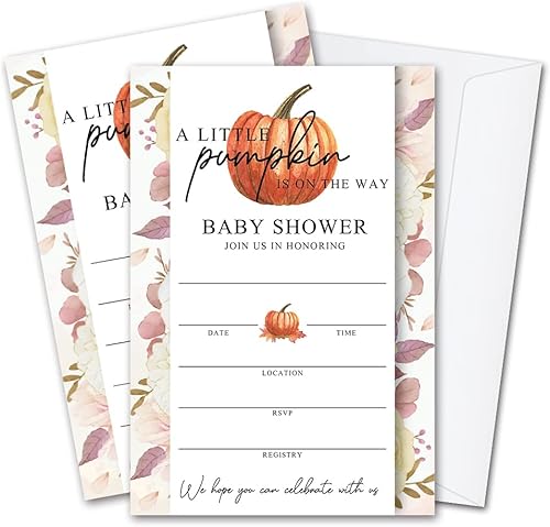 JY023 - Invitaciones para baby shower de otoño con diseño de calabaza dulce está en camino, hojas de otoño, tema de otoño, paquete de 20 tarjetas de disponible en Yaxa El Salvador