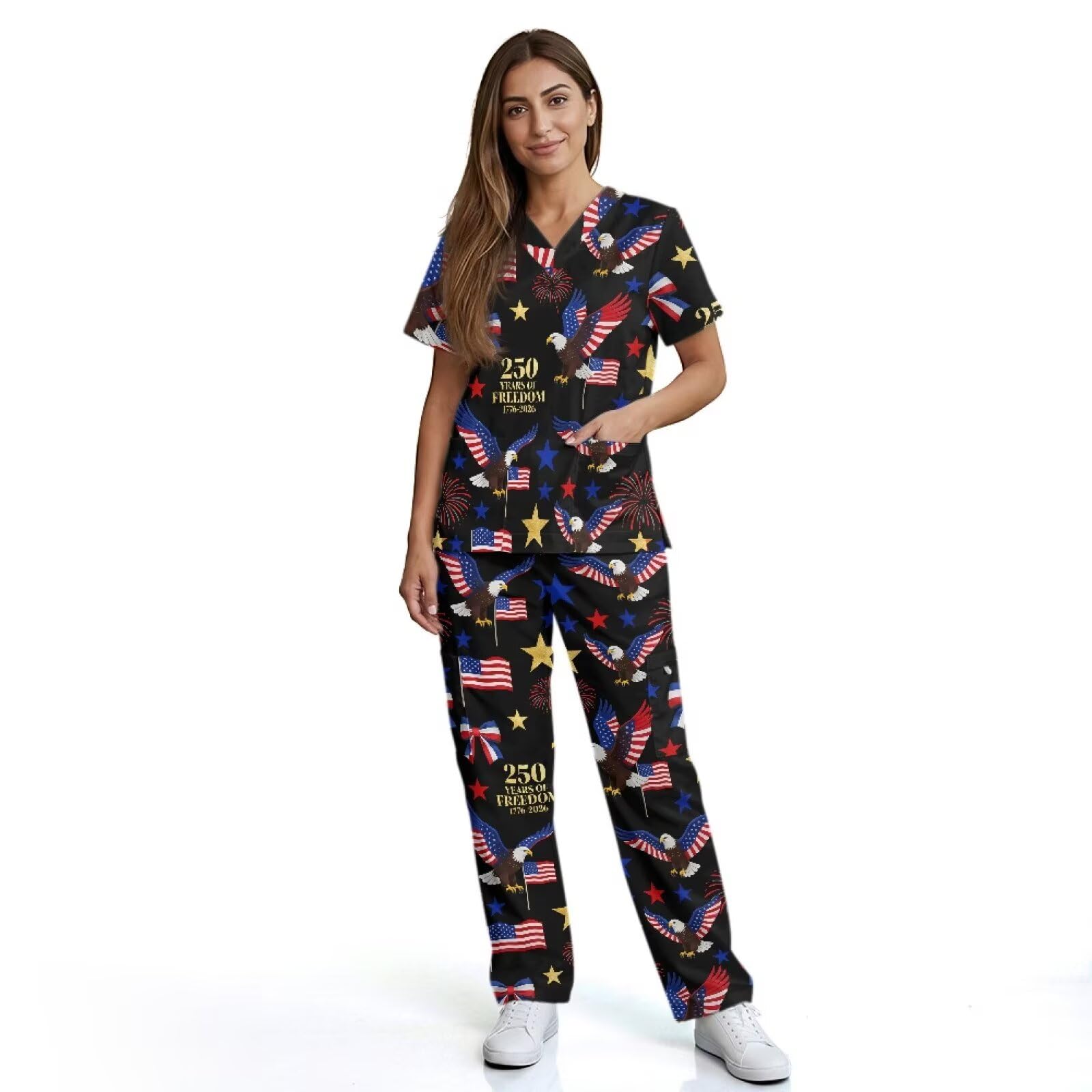250th Anniversary USA Scrubs Set Women with Tall Scrub Pants Eagle American Flag Scrub Tops for Women Medical Assistant Essentials