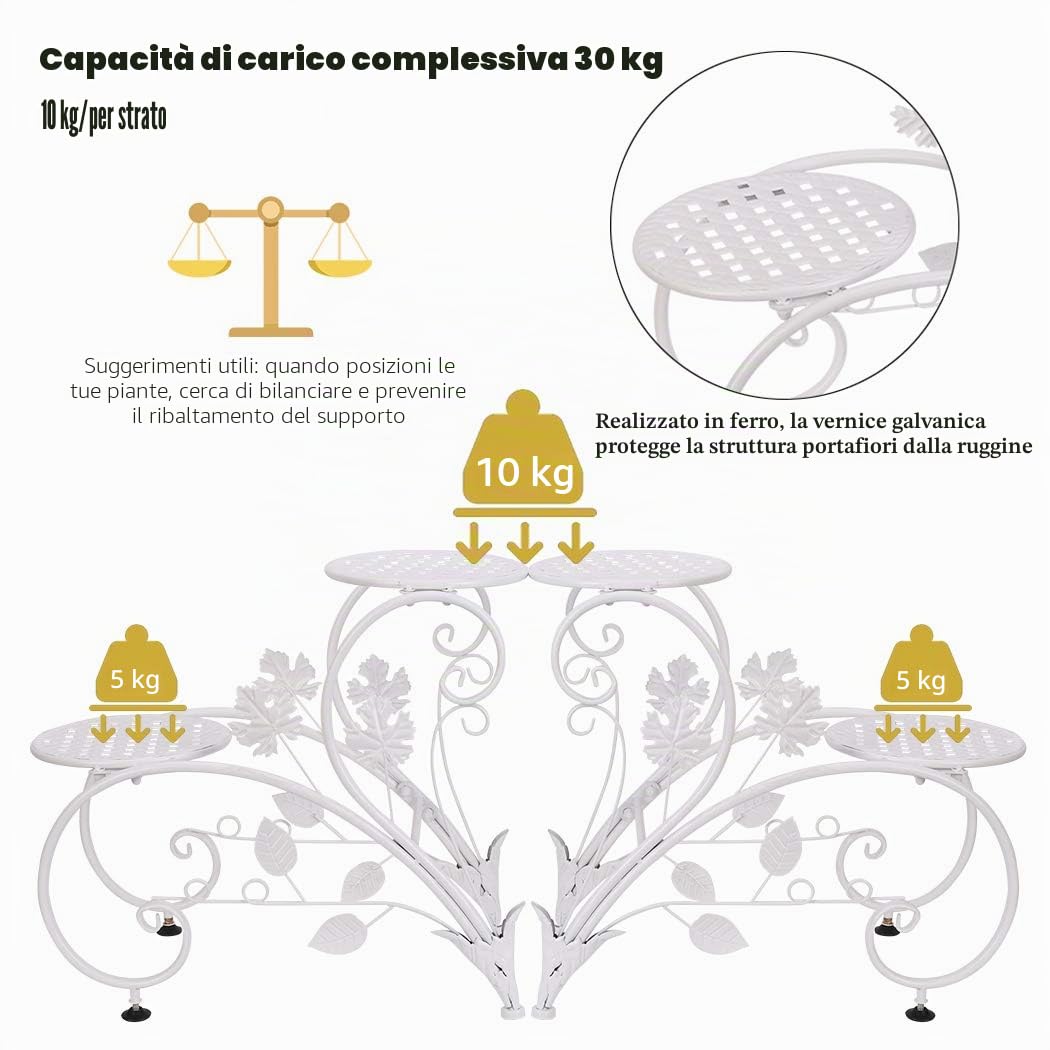 UNHO Scaffale per Piante in Ferro battuto, portavasi da Balcone Porta Piante da Interno Bianco con 4 Ripiani portavasi da Esterno in Ferro espositore vasi per terrazza Giardino Patio 93x40x23 cm