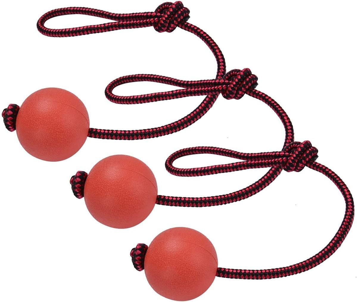 SYOSI Dog Ball on a Rope, 3 Pack Natural Interactive Rubber Ball for Fetch, Catch, Throw and Tug of War (Red)