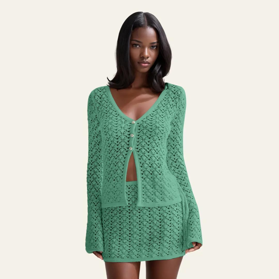 Women Crochet 2 Piece Outfits Set Swimwear Cover Up Flared Long Sleeve Button Down Tops Beach Mini Skirt Vacation Outfits - Image 4