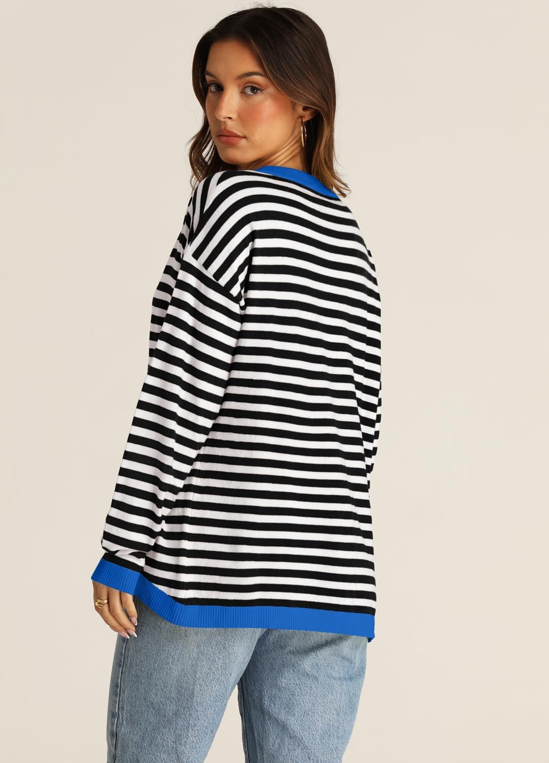 YEXIPO Womens Sweaters Striped 2024 Fall Long Sleeve Crewneck Casual Knit Lightweight Oversized Pullover Sweater Tops - Image 3