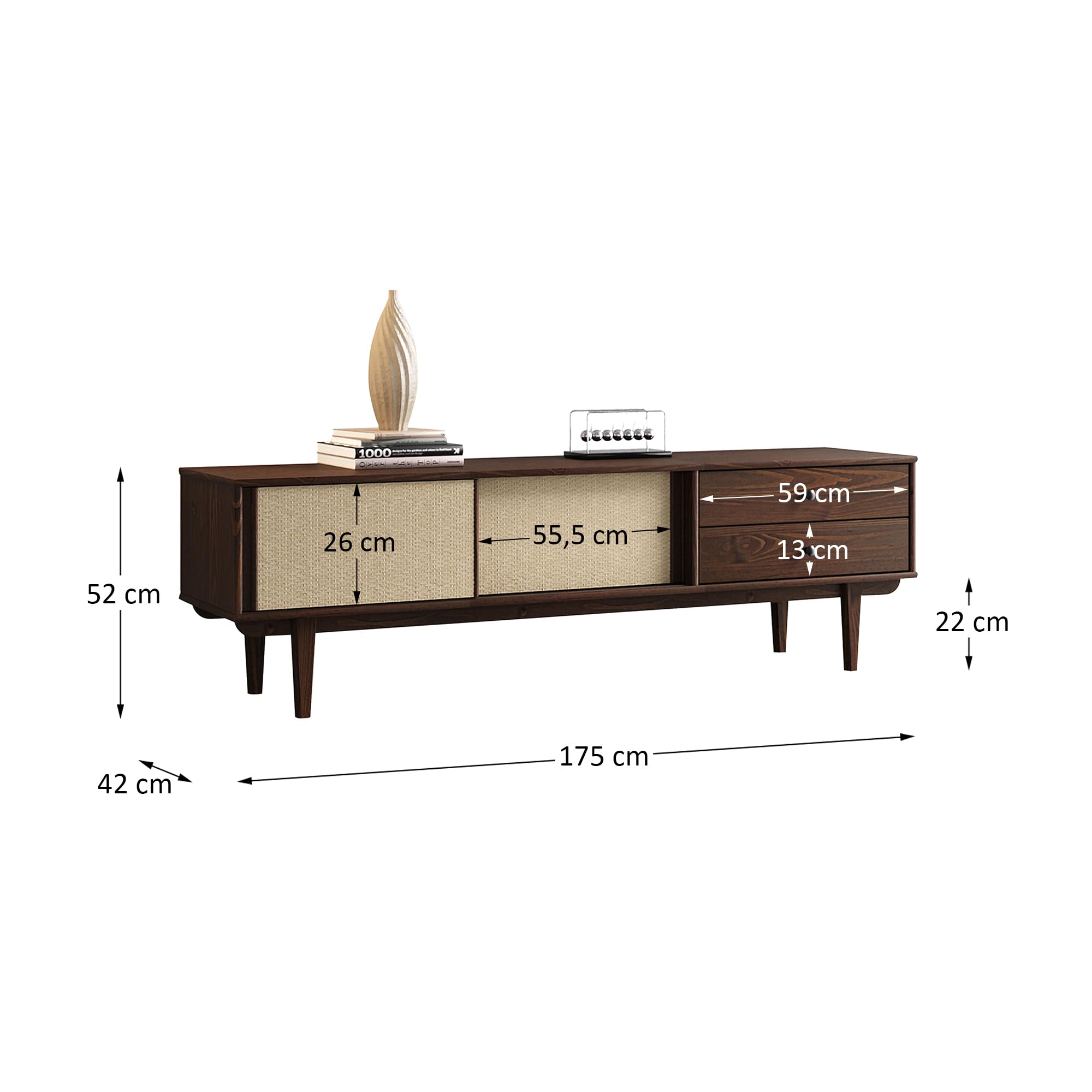 Lowboard SIMONA 175 cm mit Rattangeflecht aus Kiefer Massivholz, Nussbaum Finish – TV-Board im Mid-Century Design, Lowboard mit 2 Schubladen und Schiebetüren, Retro TV-Schrank für das Wohnzimmer