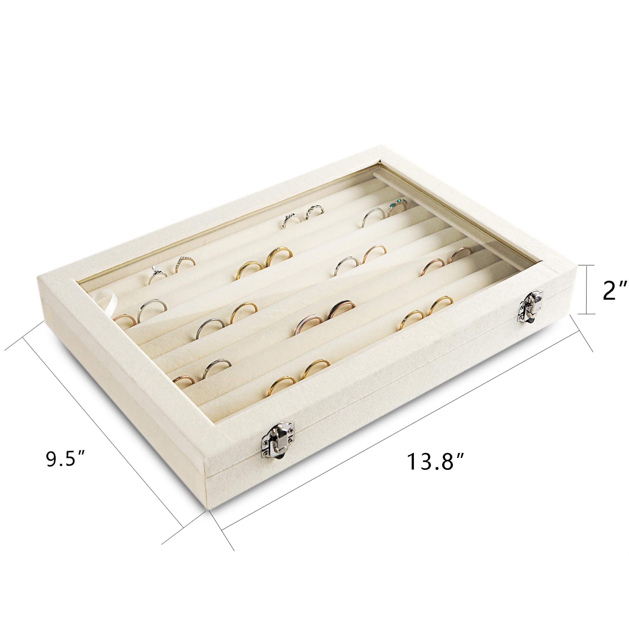 Frebeauty Anelli/Orecchini Organizzatore Vassoio con Coperchio 10 Slots Cassetto di Velluto Inserto Gioielli Scatola di Immagazzinaggio con di Vetro Trasparente Regalo per Ragazze(Beige, 10 Slots)