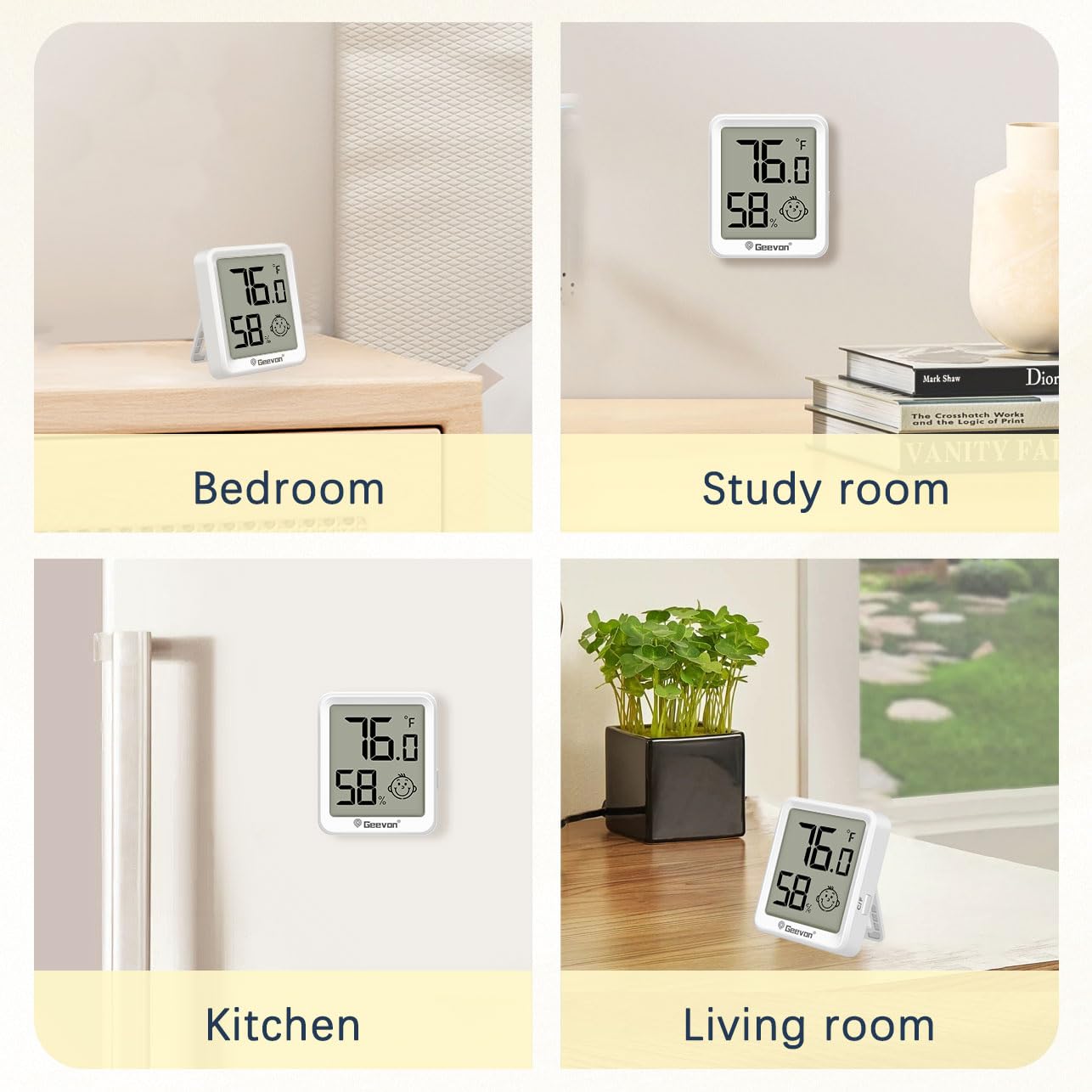 Geevon Termómetro e higrómetro digital inalámbrico para interiores, paquete de 6, con índice de comodidad, pantalla grande de 1.9 pulgadas, conmutación °C/°F, montaje magnético, colgar en la pared, de