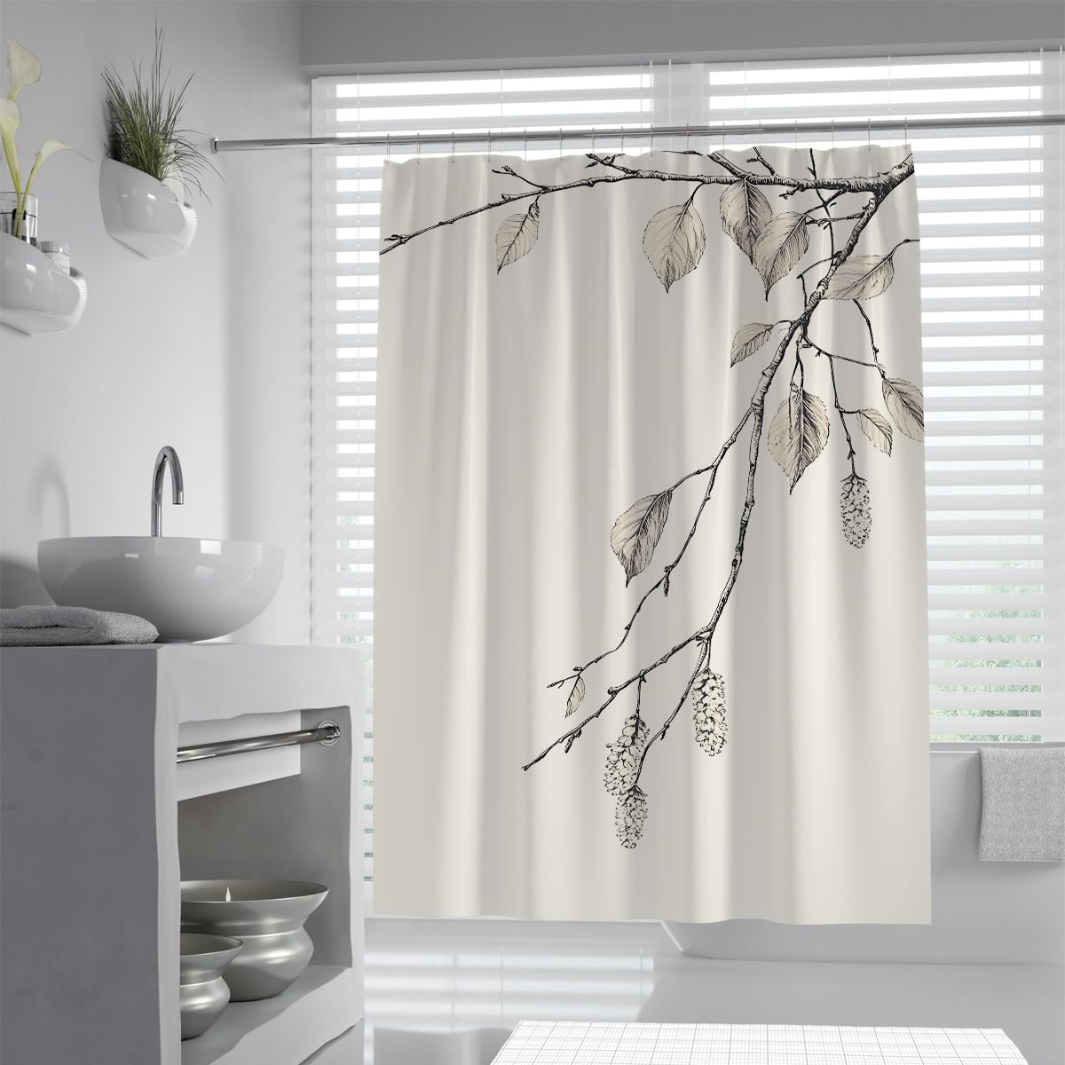 UIRINGART Retro Tree Branch Shower Curtain W200xL200cm Beige Background Sketch Leaf Print Anti Mould Mildew Resistant Bath Curtains Home Hotel Bathroom Decor