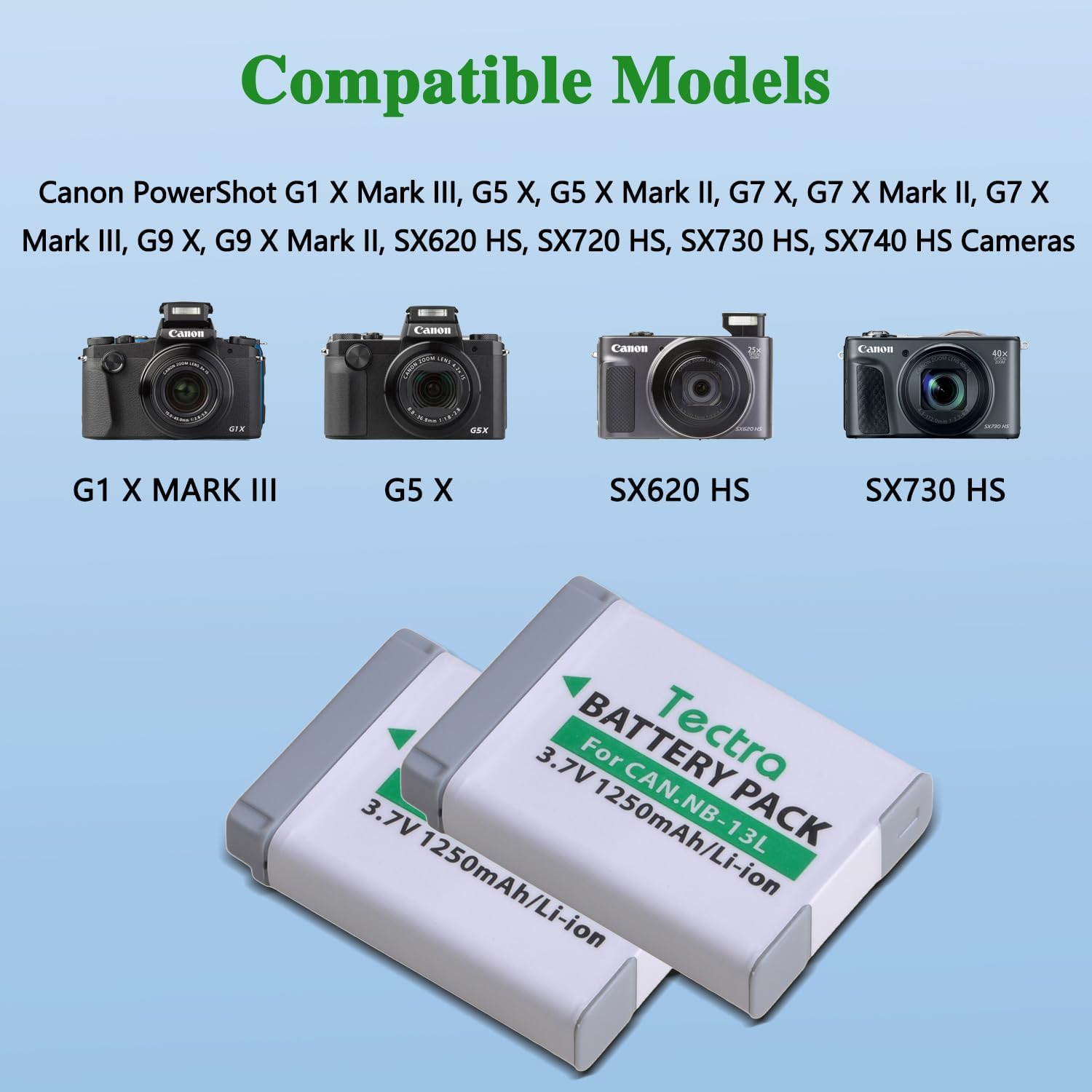Tectra 2 Pack NB-13L Battery and 3-Slots LED Charger for Canon PowerShot G7 X Mark II/III, G7X, G9X, G9 X Mark II, G1 X Mark III, G5 X, G5X Mark II, SX620 HS, SX720 HS, SX730 HS, SX740 HS - Image 2