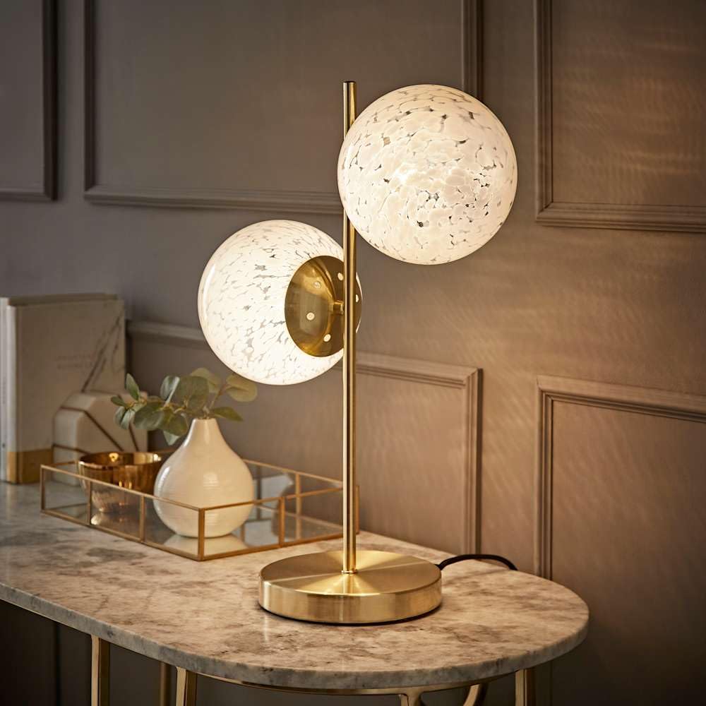 Valuelights Jas Gold 2 Way Table Lamp With White Confetti Glass Globe Shades And Bulbs from B&Q