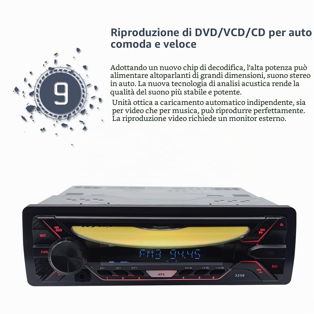 Autoradio Stereo Pannello Rimovibile 1 DIN 12V Radio FM MP3 Bluetooth CD VCD MP3 SD USB Ricevitore Multimediale Auto