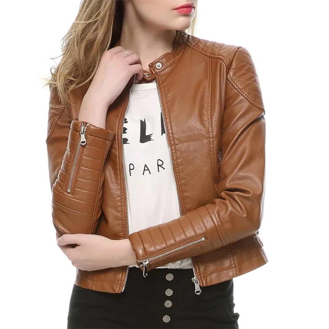 Giacca da motociclista in ecopelle con cerniera moda primavera/autunno da donna. Cappotto in pelle da moto casual