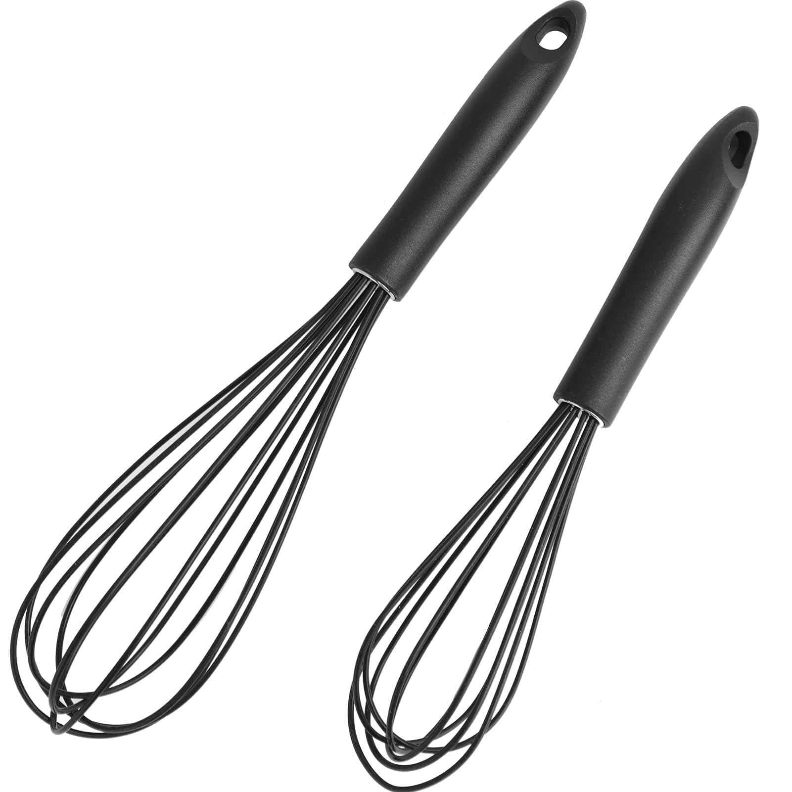 2 Piezas Batidores de Cocina de Silicona, Batidores de Mano Negros de Alta Resistencia para Mezclar, Batir y Remover, Tamaños 26 cm y 30 cm, Mango Antideslizante