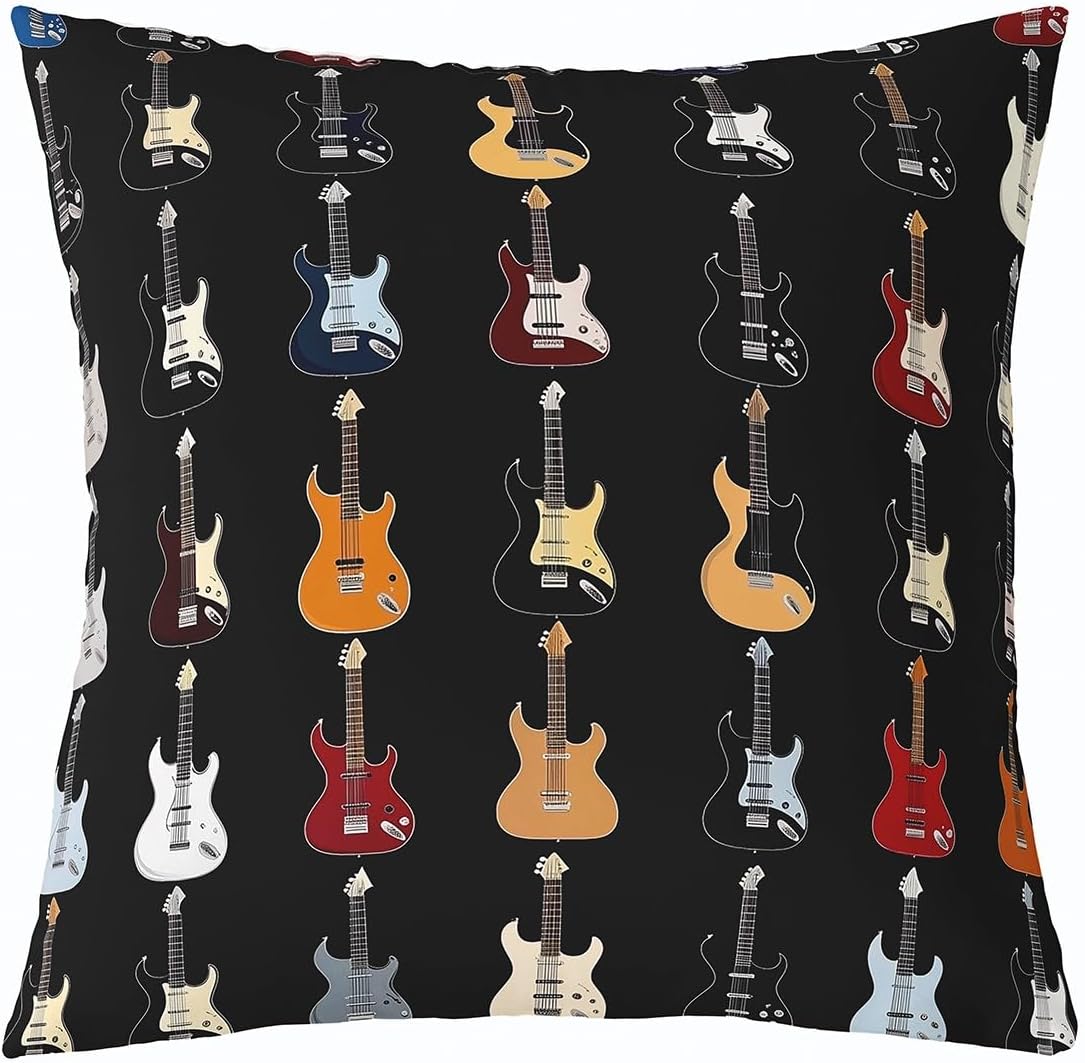 Manfei Colorful Guitar Double Sides Print Pillow Cover,Musical Instruments Artistic Guitars Pillowcase Cushion Case 24"x 24",Rock Bass Music Lovers Black Throw Pillow Covers,Single Pack