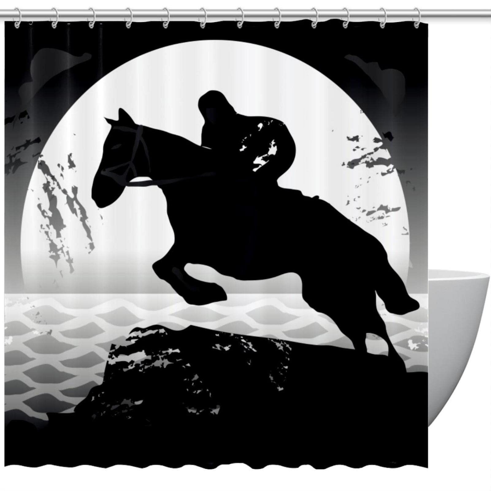 Rideau de douche cheval en tissu anti-éclaboussures 183 cm noir blanc