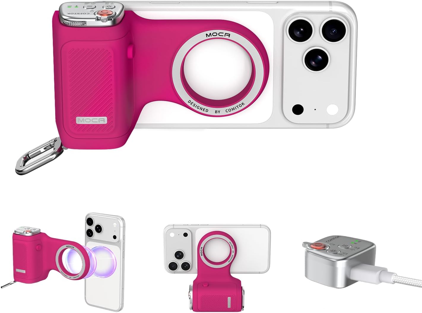 COMITOK MOCA iPhone 17 Pro Camera Grip No Need App for iOS26, Compatible iOS17 and iOS18, Fun Shot Magnetic Grip for Phone Native Camera with Anti-Drop Detachable Remote and Convenient Keychain Hook
