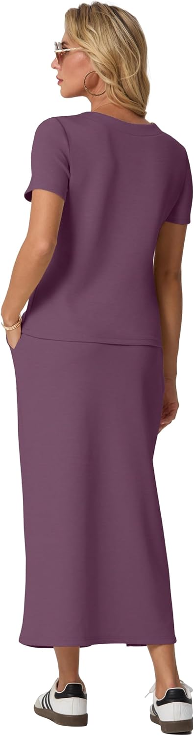 GRECERELLE Women Summer Casual 2 Piece Sets V-Neck Wrinkle-Free Top & Elastic Waist Midi Side Slit Skirt with Pockets - Image 6