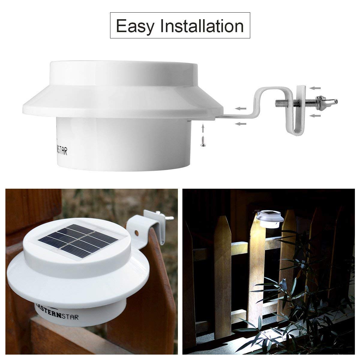 Easternstar Zewnętrzne solarne lampy rynnowe, 3 diody LED, zasilane energią słoneczną, wodoodporna lampa bezpieczeństwa na okapy, podjazd, ogrodzenie ogrodowe, dach (6 sztuk)