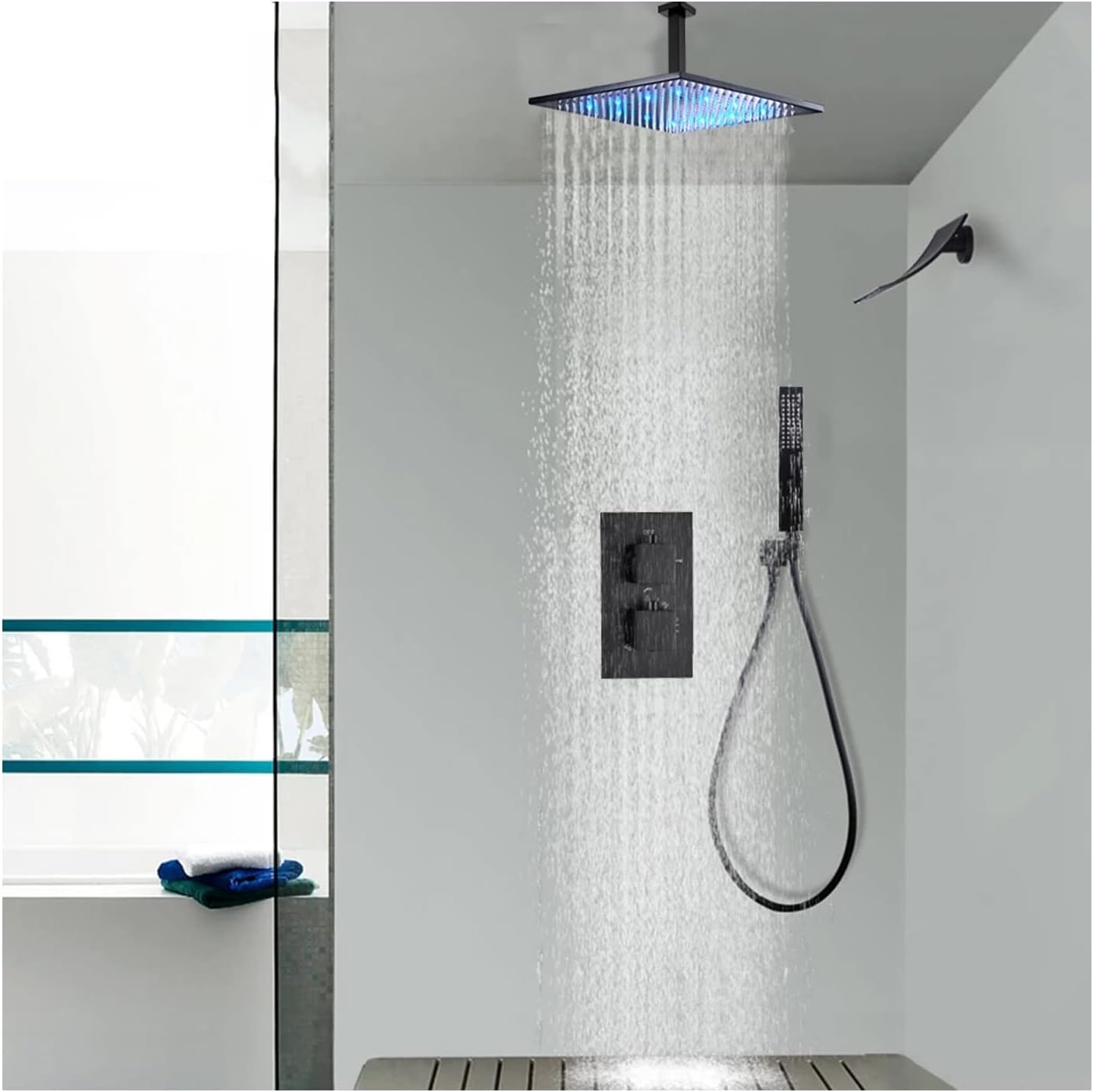 Ceiling Mount Rain Shower Set with 16" Shower Head & Handheld, Thermostatic LED Black Faucet System for Bathroom Renovation, Ultimate Luxury Shower Experience
