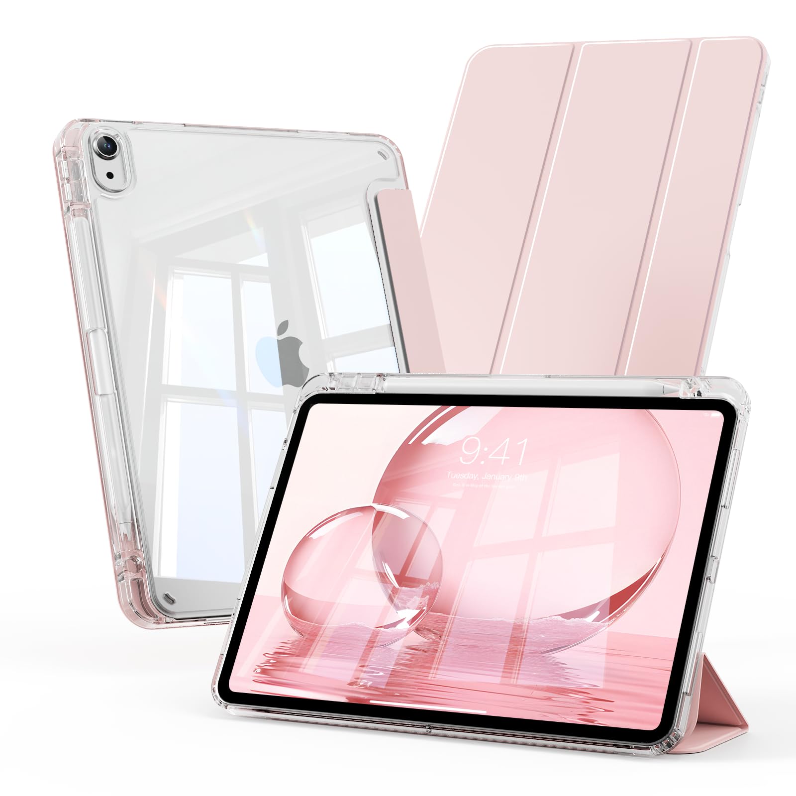 GKABXY 用の iPad 11世代 ケース (A16) 2025 用の iPad 第11/10世代 10.9インチ 2022 透明 アクリル カバー ペンシルホルダー付き 三つ折りスタンド Touch IDと オートスリープ 機能対応 超スリムス 耐衝撃 PU合成レザー カバー ピンク