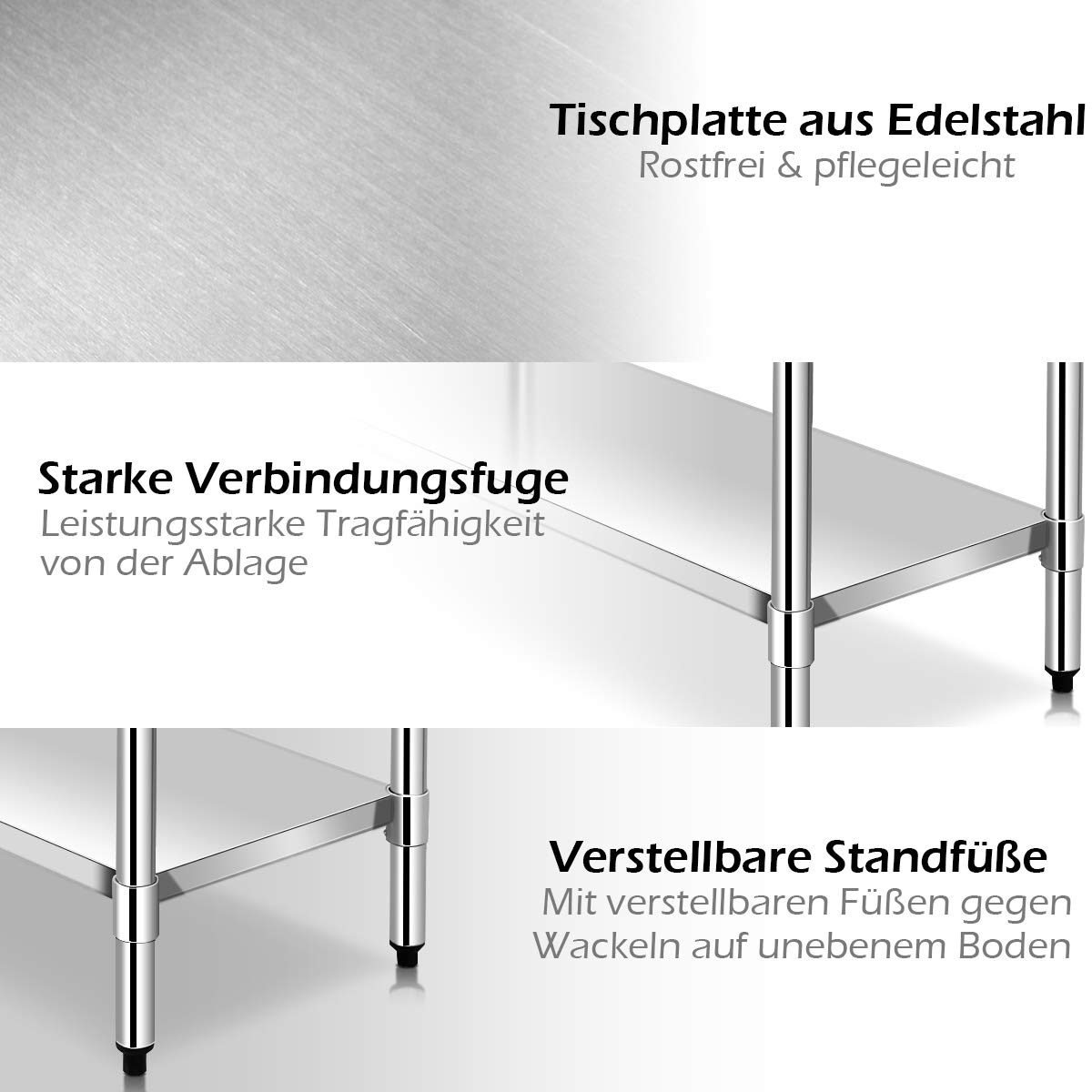 COSTWAY Edelstahl Küchentisch Arbeitstisch, Edelstahltisch mit Höhenverstellbarer Ablage, Zubereitungstisch Gastro Tisch, Ablagetisch für Küche Restaurant, Silber (122 x 61x 90cm)