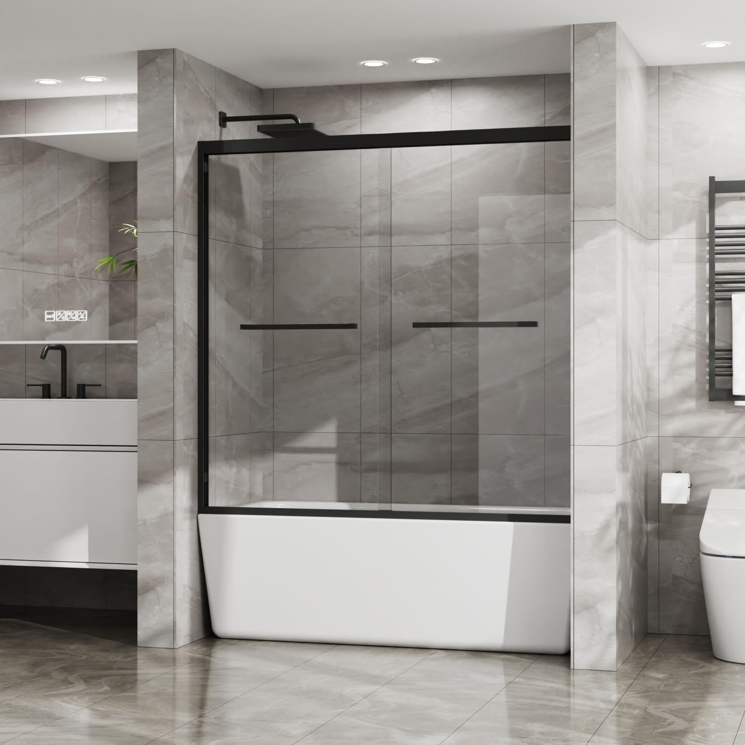 Double Sliding Bathtub Shower Door 60 in. W x 58 in. H Aluminum Framed Shower Enclosure for Tub with Clear Tempered Glass, Stainless Steel Hardware, Matte Black