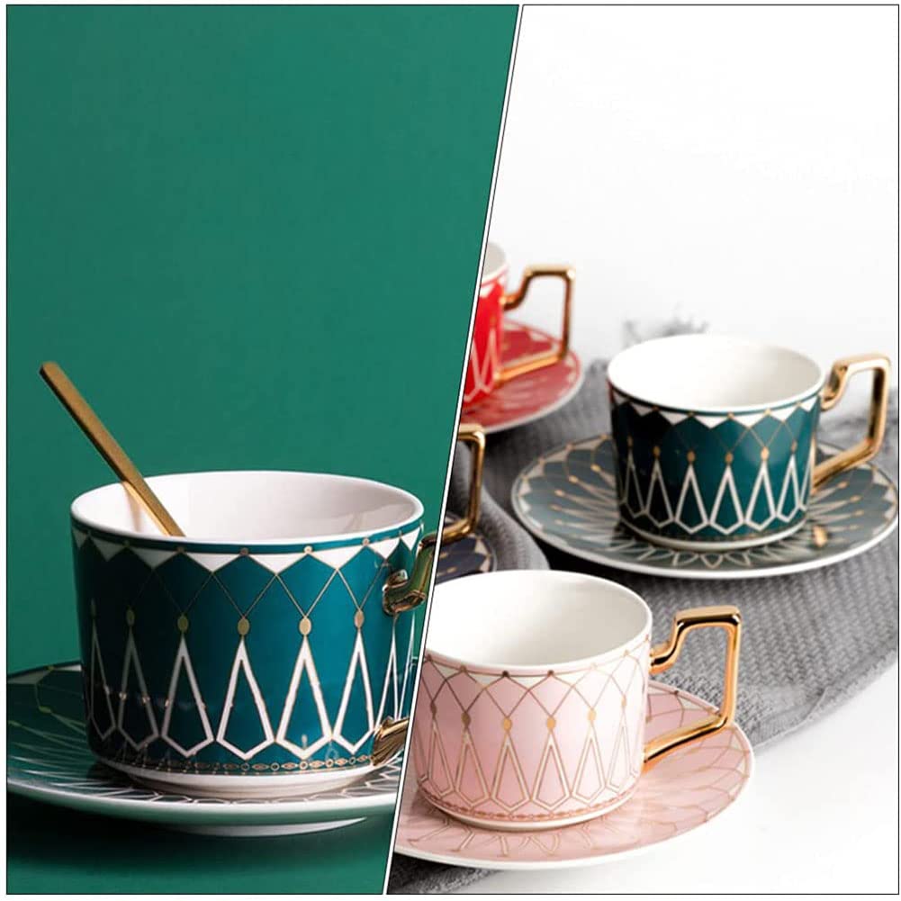Tazas y platillos de café de Estilo Europeo con Cuchara, Tazas de té Reales de cerámica, Juego de Tazas de té con Flores Retro (Verde)