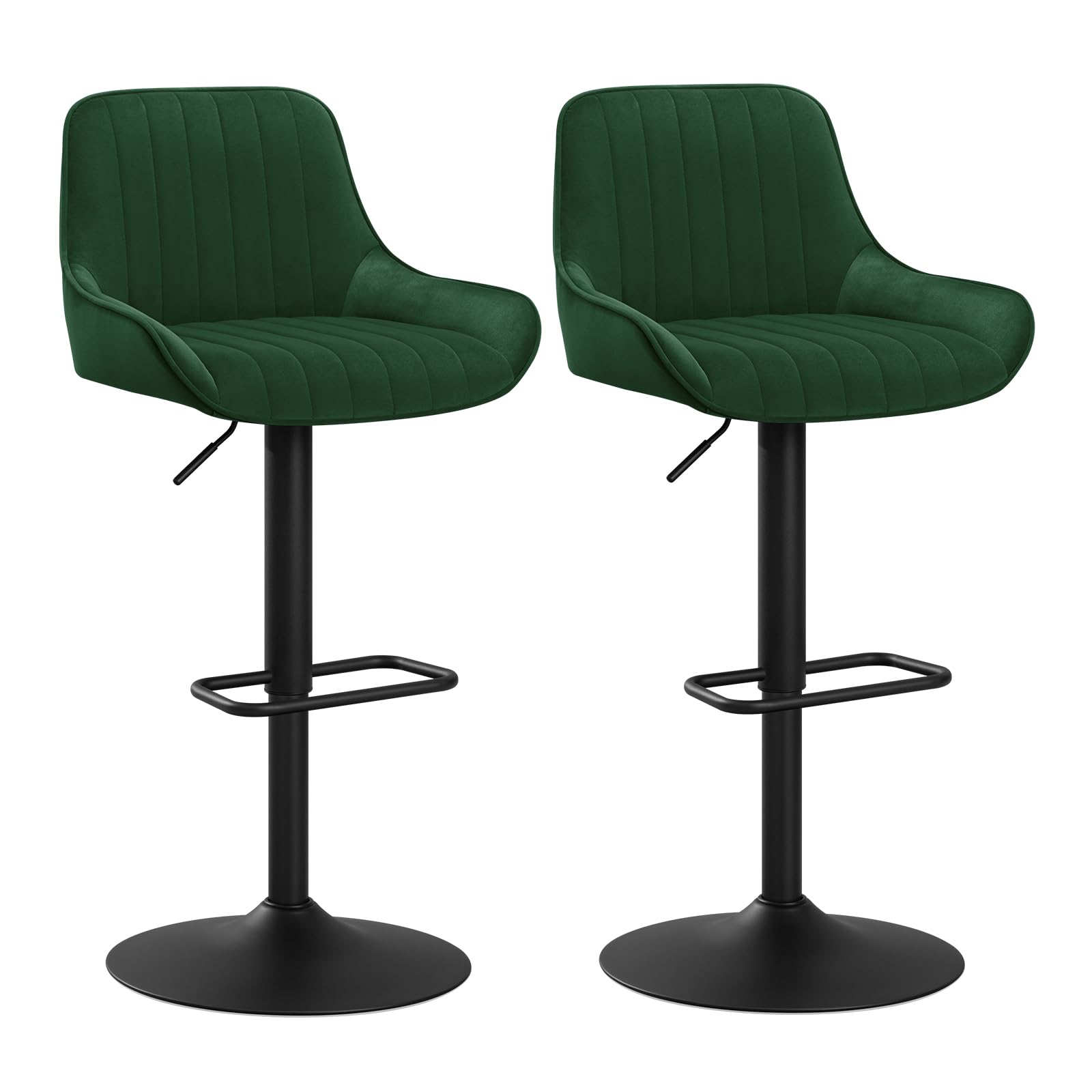 WOLTU Kitchen Stools, Set of 2 High Stools Adjustable Height, Kitchen Chairs with Footrests, for Dining Room Bar Restaurant Cafetria, Metal Base, Velvet Seat, Dark Green