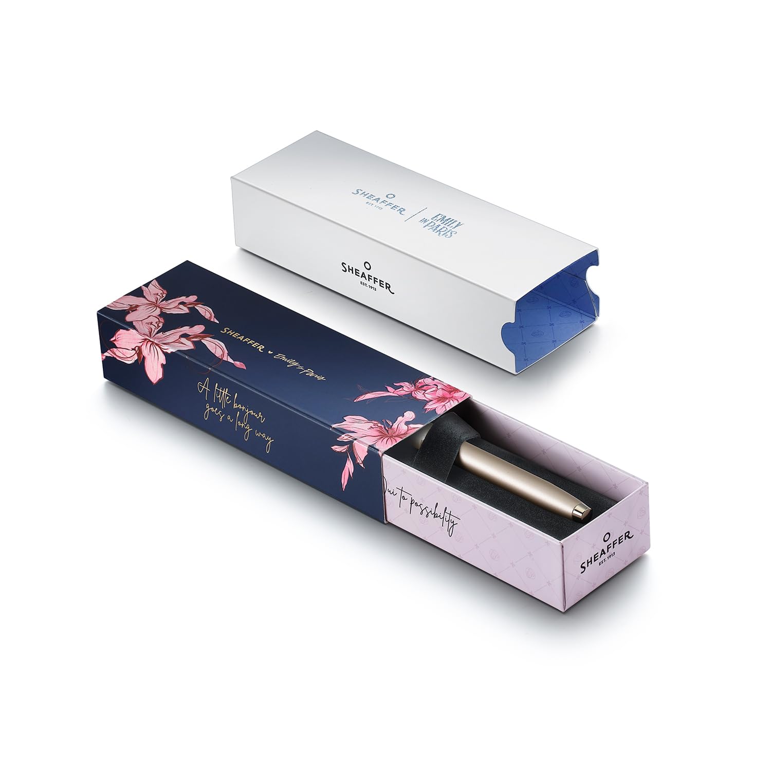 Sheaffer 100 Emily in Paris 9377 Collection, penna color oro champagne con finiture in oro PVD, clip a forma di fiocco (Fontana, Fine)