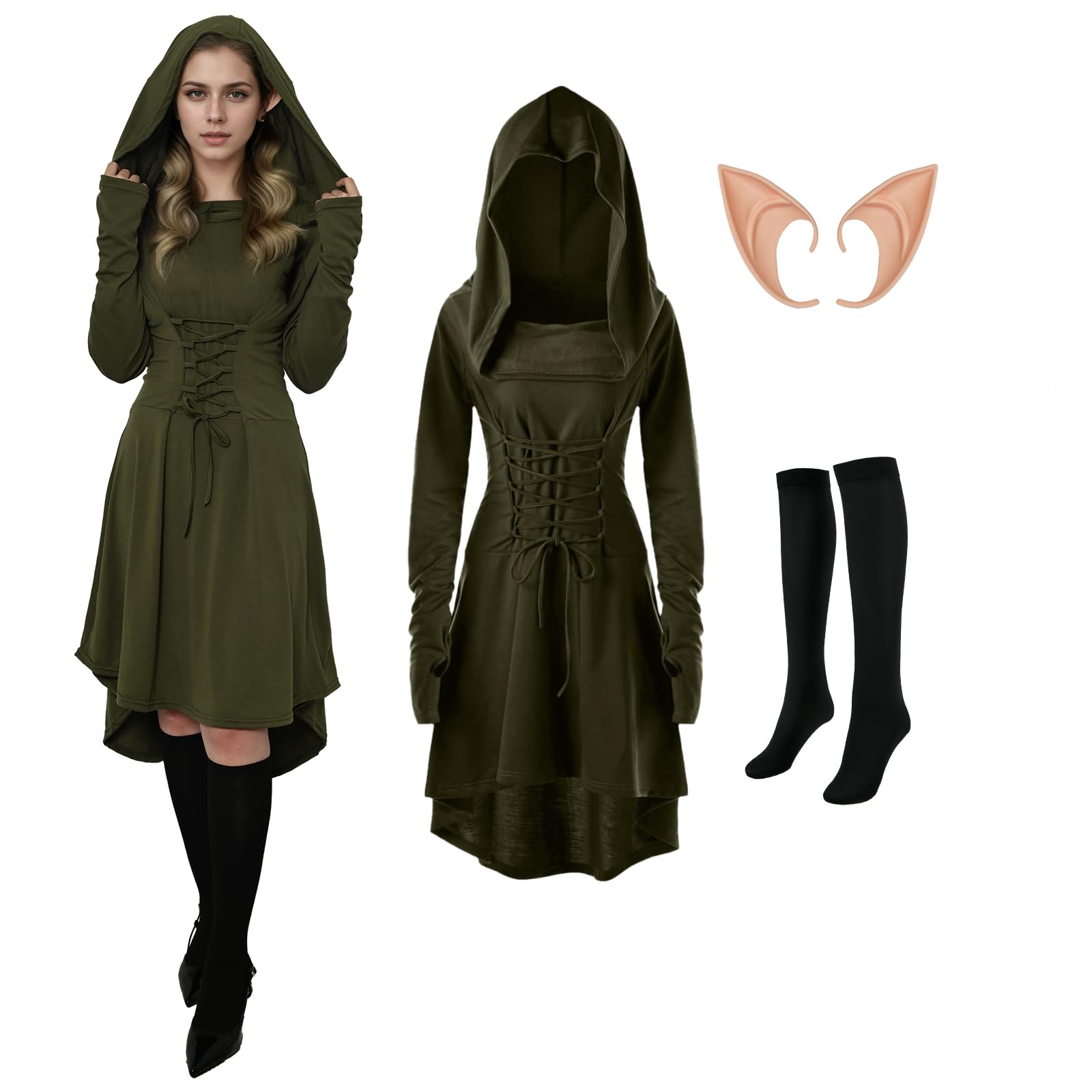 AFJIODUV Renaissance Costume Women, Long Sleeve Vintage Hooded Medieval Dress Women with Stockings And Elfin Ears, Gothic Halloween Costumes for Carnival Halloween Cosplay (Green, 2XL)