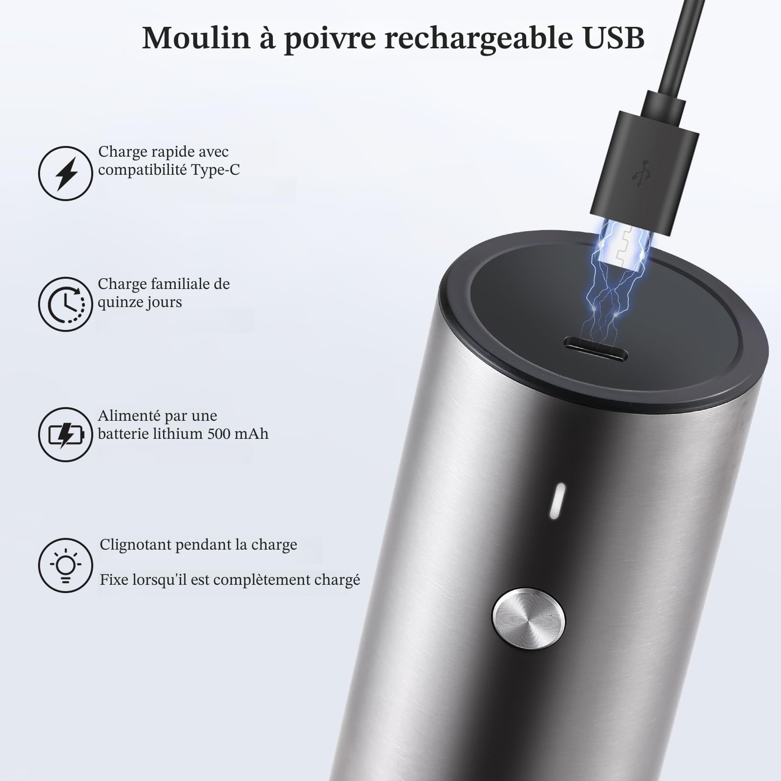 TLYSXPRO Moulin à Sel et Poivre Électrique, Ensemble de 2, Rechargeable par USB, Mouture Réglable, Moulin à Poivre Électrique avec Lumière LED, Brosse de Nettoyage, Acier Inoxydable